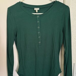 Green Ribbed Henley Bodysuit Fitted